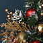 Mini 41cm Artificial Christmas Tree. Red, Gold & Green decorated snowy branches- 30 warm white LEDs. Baubles, ribbon & pinecones