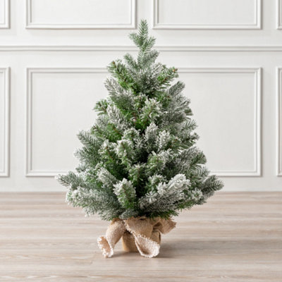 Mini Christmas Tree Artificial Flocked Snowy Green Pine Potted 2ft Christow