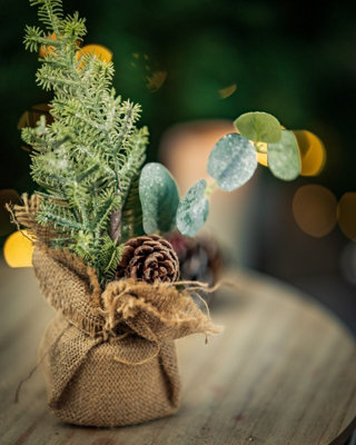 Mini Christmas Tree with Pinecones in Jute Bag