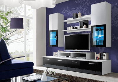 Mini Entertainment Unit for TVs Up to 42" - Modern Black Gloss Front & White Matt Carcass - W2000mm x H1900mm x D450mm