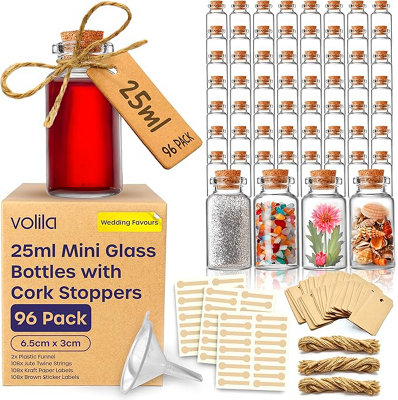 Mini Glass Bottle w/ Corks Stoppers 25MLx96 Pack for DIY Crafts, Wedding Favours w/ Craft Labels, String, & Funnel