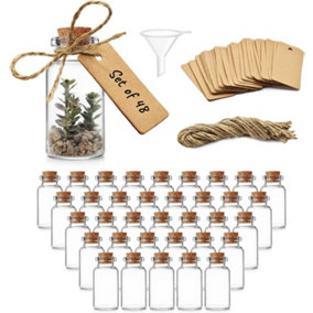 Mini Glass Bottles with Cork Lids for Wedding Decorations (48 Pack) with Craft Labels, Funnel and Twine