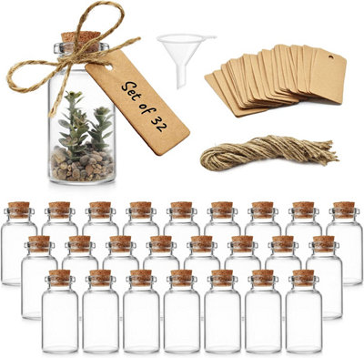 Mini Glass Bottles with Corks (25ML x 32 Pack) with Stoppers for DIY Crafts, Wedding Favours, with Labels String & Funnel