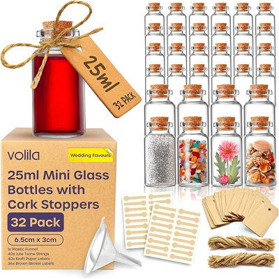 Mini Glass Bottles with Corks (25ML x 32 Pack) with Stoppers for DIY Crafts, Wedding Favours, with Labels String & Funnel