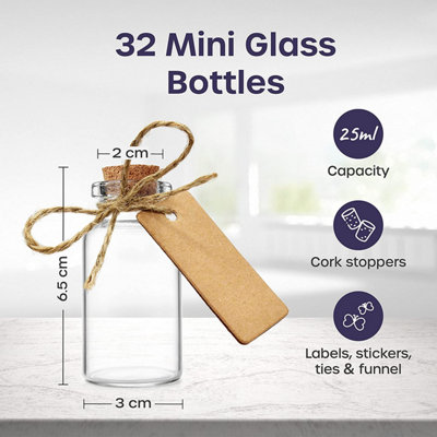 Mini Glass Bottles with Corks (25ML x 32 Pack) with Stoppers for DIY Crafts, Wedding Favours, with Labels String & Funnel