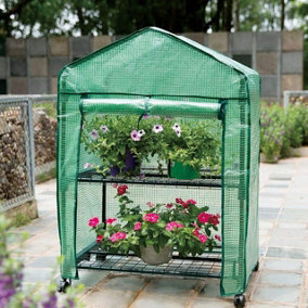 Mini Greenhouse with Shelves, PVC Cover & 4 Wheels - Portable Foldaway Outdoor Garden Wheeled Grow House - H93 x W69 x D49cm