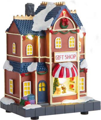 Miniature Light Up Resin Gift Shop Christmas Village, Winter Scene, Set