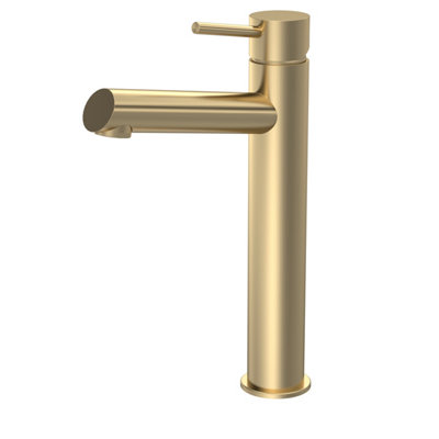 Minimalist Round Tall Mono Basin Mixer Tap - Brushed Brass