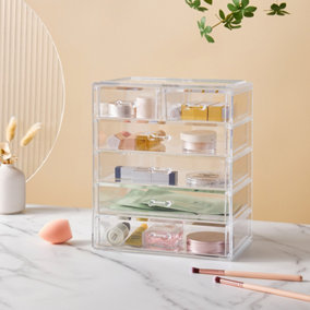 Minimalist Transparent Makeup Organizer Box with 4 Large and 2 Small Drawers - Clear Acrylic Finish