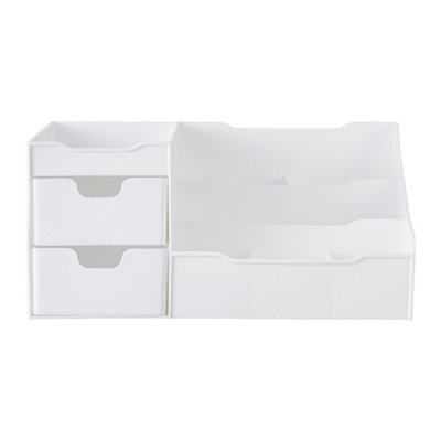 Minimalist White Makeup Organizer Freestanding PP Cosmetic Storage Boxwith 2 Drawers and 3 Compartments