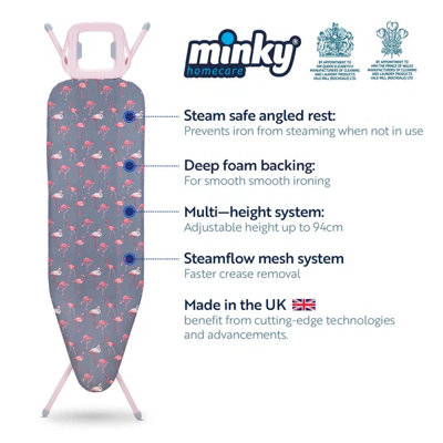 Minky Flamingo Pink Ironing Board - 122 x 38cm, Ironing Board Cover Included, UK Made