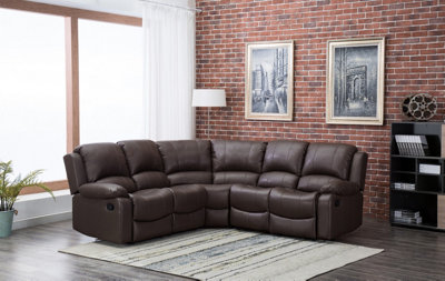 Minnesota Brown Leather Reclining Corner Sofa 5 Seater Manual Recliner Comfortable Padded Arms