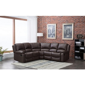 Minnesota Brown Leather Reclining Corner Sofa 5 Seater Manual Recliner Comfortable Padded Arms