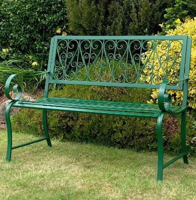 Minster Scrolled Back Metal Garden Bench - Green - L52 x W117 x H91 cm