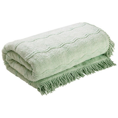 Mint Candlewick Bedspread - Soft & Lightweight 100% Cotton Bedding with Wave Design & Fringed Edges - Size Single, 135 x 200cm