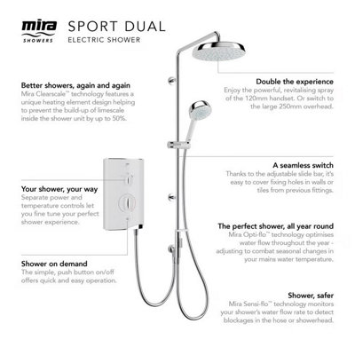 Mira Sport Dual Electric Shower 9.8kW Twin Rainshower 250mm Head White Chrome