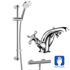 Mira Thermostatic Bar Mixer Shower Cool Touch + Riser + Virtue Mono Basin Tap