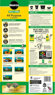 Miracle Gro All Purpose Peat Free Compost for Baskets Borders and Containers 50L