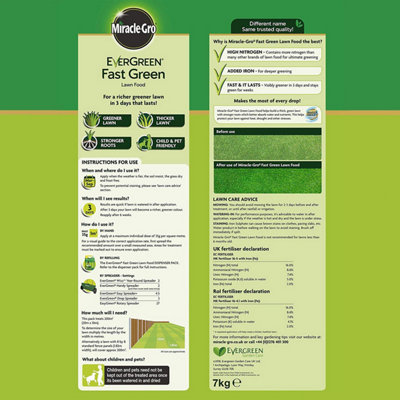 Miracle-Gro Ever Green Fast Thicker Green Grass Lawn Food 7kg - 200m2
