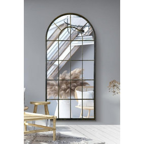 MirrorOutlet Arcus - Antique Black Framed Arched Window Leaner / Wall Mirror 71" X 33.5" (180x85CM)