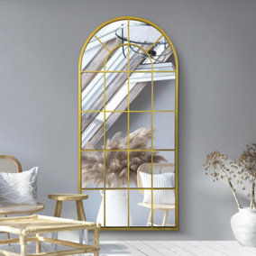 MirrorOutlet Arcus - Gold metal Arched Window Leaner / Wall Mirror 71" X 33.5" (180x85CM)