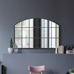 MirrorOutlet Arcus Window Overmantle Black Framed Arched Wall Over Mantle Mirror 43" X 29" (110CM X 75CM)