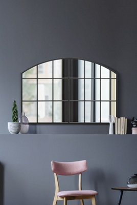 MirrorOutlet Arcus Window Overmantle Black Framed Arched Wall Over Mantle Mirror 43" X 29" (110CM X 75CM)