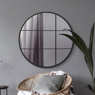 MirrorOutlet Circulus - Black Metal Framed Round Window Wall Mirror 39" X 39" (100x100CM)