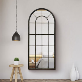 MirrorOutlet Large New Black Multi Panelled Arched Window Indoor and Outdoor Mirror 5ft3 x 2ft5 160cm x 75cm