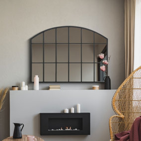 MirrorOutlet Over Mantle Arcus Window - Black Framed Arched Wall Mirror 35" X 26" (90CM X 65CM)