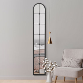 MirrorOutlet Slim Arcus Window - Black Framed Arched Leaner Wall Mirror 67" X 12" (170CM X 30CM)