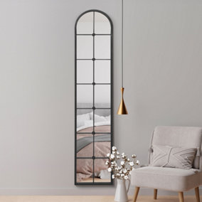 MirrorOutlet Slim Window Arcus - Black Framed Arched Leaner Wall Mirror 75" X 16" (190CM X 40CM)