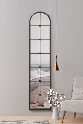 MirrorOutlet Slim Window Arcus - Black Framed Arched Leaner Wall Mirror 75" X 16" (190CM X 40CM)