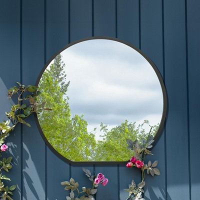 MirrorOutlet The Circulus Black Framed Flat Bottom Circular Garden Wall Mirror 84CM X 80CM