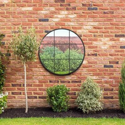 MirrorOutlet - The Circulus - Black Metal Frame Round Garden Wall Mirror 39" x 39" (100 x 100 cm)