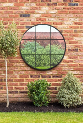 MirrorOutlet - The Circulus - Black Metal Frame Round Garden Wall Mirror 39" x 39" (100 x 100 cm)