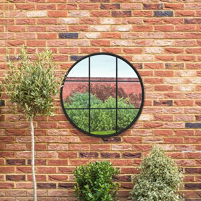 MirrorOutlet - The Circulus - Black Metal Frame Round Window Garden Wall Mirror 31"x 31" (80 x 80 cm)