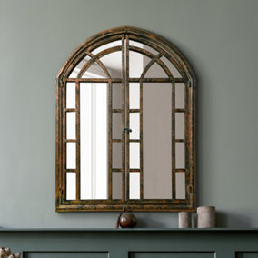 MirrorOutlet The Kirkby Dark Metal Rustic Framed Arched Wall Mirror with Opening Doors 78cm x 61cm
