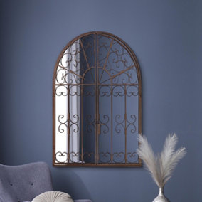 MirrorOutlet The Kirkby Dark Metal Rustic Framed Decorative Arched Wall Mirror with opening doors 89cm x 70cm