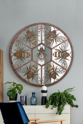 MirrorOutlet The Kirkby Rustic Metal Round Bumble Bee Decorative Wall Mirror 80CM X 80CM
