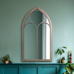 MirrorOutlet The Somerley Rustic Metal Chapel Arched Decorative Mirror Stone Colour 111CM X 61CM