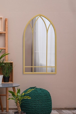 MirrorOutlet Window Arcus - Gold Metal Framed Arched Wall Mirror 32" X 19" (83CM X 48CM)