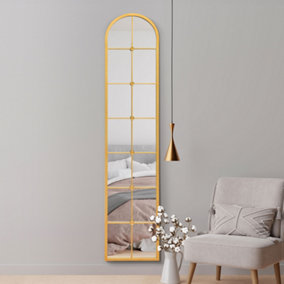 MirrorOutlet Window Slim Arcus - Gold Framed Arched Leaner Wall Mirror 75" X 16" (190CM X 40CM)