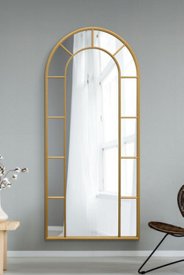 MirrorOutlet Window XL Arcus - Gold Framed Arched Leaner / Wall Mirror 75" X 33" (190CM X 85CM)