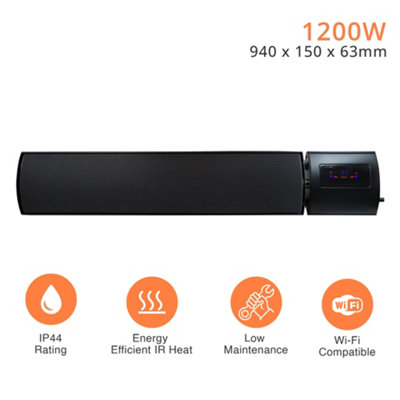 Mirrorstone 1200w Helios Wi-Fi Remote Controllable Infrared Bar Heater In Black Fin, Wall/Ceiling Mount, Indoor Electric Heater