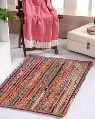 MISHRAN Natural Rug Hand Woven with Multi Colour Braids - Natural Jute ...