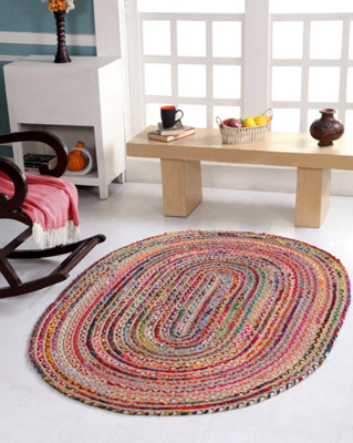 MISHRAN Oval Jute Area Rug Hand Woven with Recycled Fabric 120 cm x 180 cm