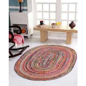 MISHRAN Oval Jute Area Rug Hand Woven with Recycled Fabric 120 cm x 180 cm