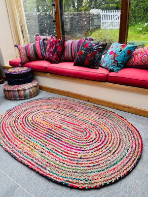 Second Nature Online Sundar Rond Gevlochten Stoffen Tapijt Handgemaakt Plat Geweven met Veelkleurige Gerecycleerde Stof - 150 cm Diameter