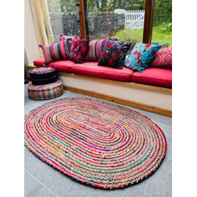 MISHRAN Oval Rug Braid Hand Woven with Recycled Fabric - Jute - L60 x W90